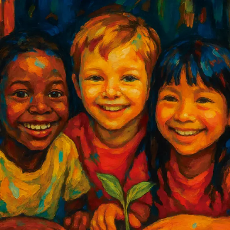 ilustração de três crianças de etnias diferentes sorrindo em uma janela